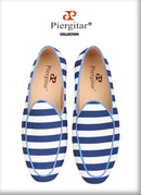 Piergitar 2022 New Arrival Blue And White Stripes Canvas Men Loafers For Party And Prom Handmade Male Slip-On Flats Red Bottom
