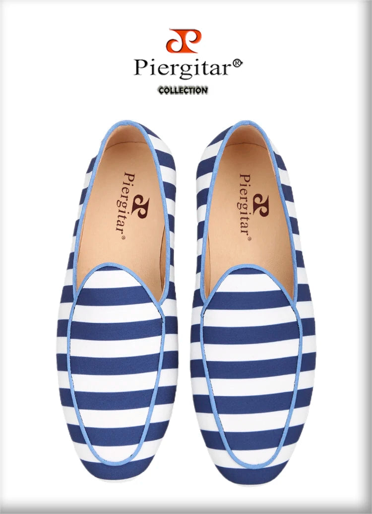 Piergitar 2022 New Arrival Blue And White Stripes Canvas Men Loafers For Party And Prom Handmade Male Slip-On Flats Red Bottom