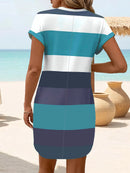 Chic Plus Size Dress: Elegant Stripes, Roll-Up Sleeves, Pockets - Comfortable & Casual Women's Dress