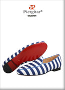 Piergitar 2022 New Arrival Blue And White Stripes Canvas Men Loafers For Party And Prom Handmade Male Slip-On Flats Red Bottom