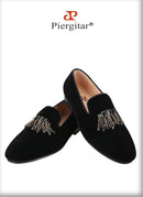 Piergitar Black Color Men Velvet Shoes With Handmade Rhinestones Buckle For Party And Wedding Classic Model Slip-On Loafers