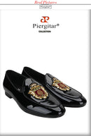 Piergitar Black Patent Leather Men's Loafers With Manual Embroidery Patches Imported From India Slip-On Moccasins Red Outsoles