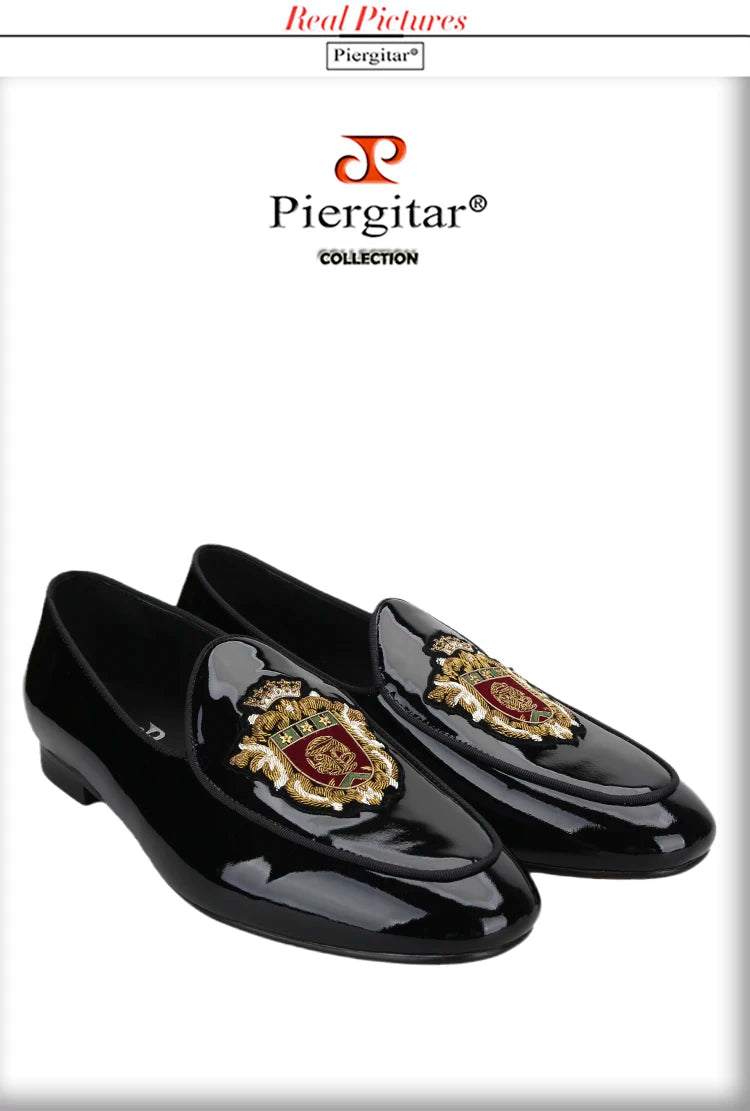 Piergitar Black Patent Leather Men's Loafers With Manual Embroidery Patches Imported From India Slip-On Moccasins Red Outsoles