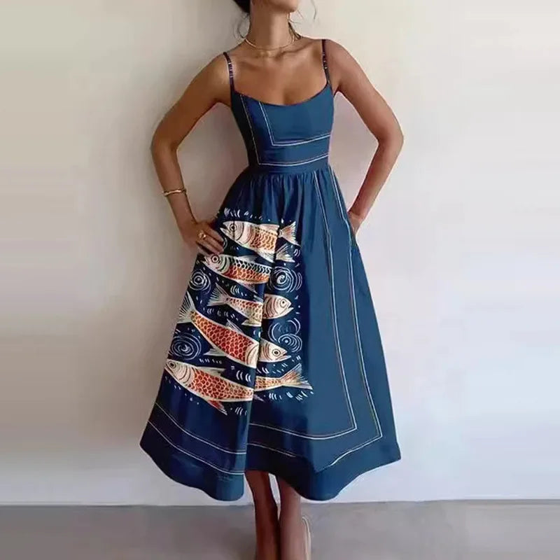 Women's Party Dresses with Sleeveless Low Cut A-line Dresses and Spaghetti Straps in Trendy Prints