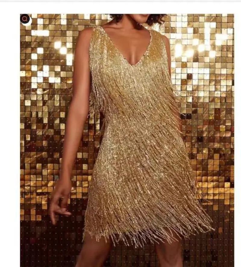 Women's V-neck Deep Sleeveless Pencil Dresses with Fringes