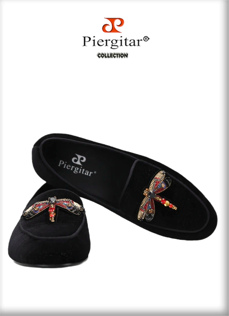 Piergitar 2022 Handmade Rhinestone Sequin Dragonfly Embroidered Patch Men's Loafers British Style Retro Moccasins Slip-On Shoes