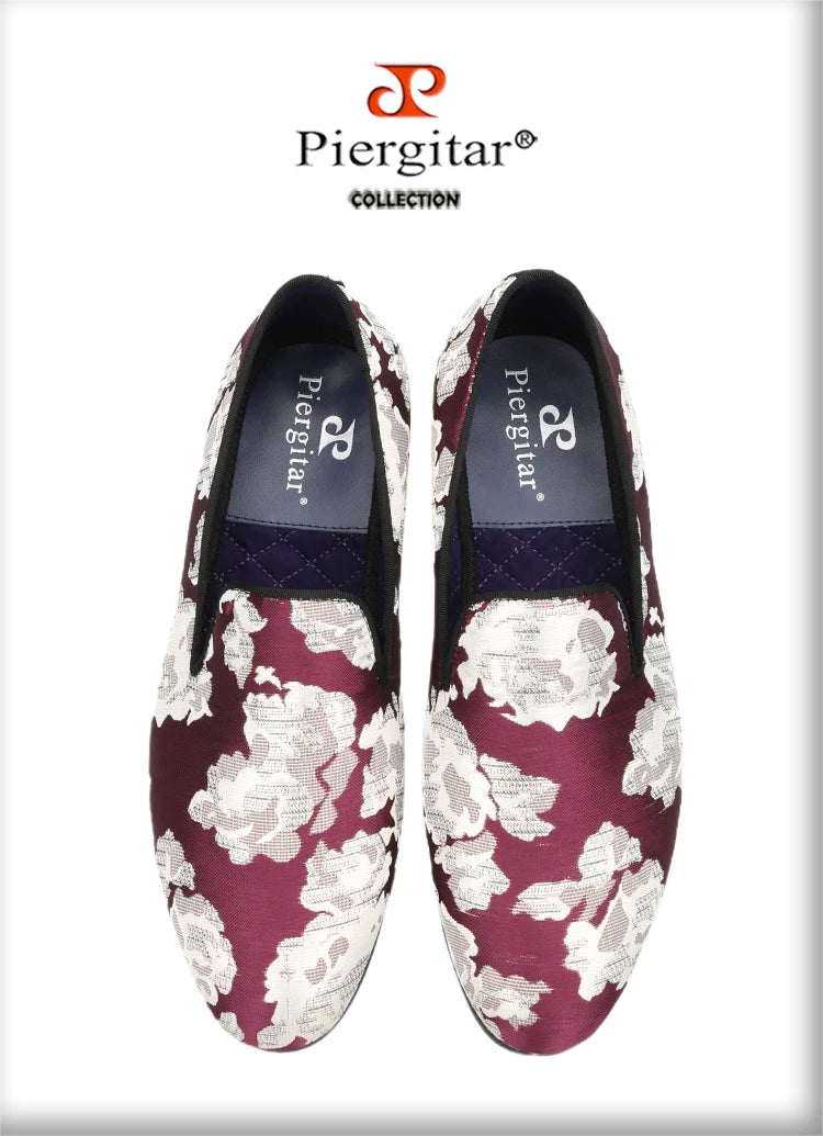 Piergitar 2022 New Arrival Purple Jacquard Fabric With White Fowers Handmade Men Loafers Party And Prom Male Flats Plus Size