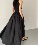 Simple Elegant Long Black Dresses For Woman Round Neck Sleeveless Low Waist