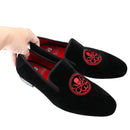 New Style Black Velvet Moccasins Embroidered Skull Design Slip-On Smoking Shoes for Men