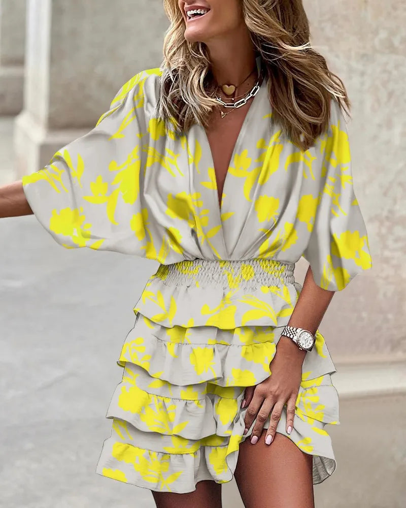 Women's V-Neck Elastic Waist Printed Ruffle Dress