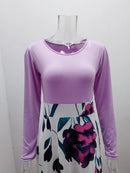 2023 European and American style floral print color matching long sleeved dress, long women's large swing skirt