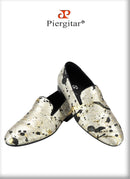 Piergitar Gold Color Ink Embossed Silk Men's Loafers Slip-On Model Handmade Moccasins For Wedding Breathable Leather Insole