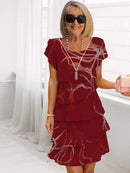 2025 Spring Chic Floral Print Chiffon Dress Woman Elegant Crew Neck Tierred Pleated Dress Summer Short Sleeve A-Line Party Dress
