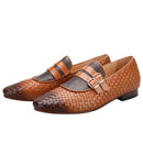 Men's Hand-Rubbed Brown Woven Calfskin Monk Shoes with Cross-Tied Handmade Loafers Genuine Lining