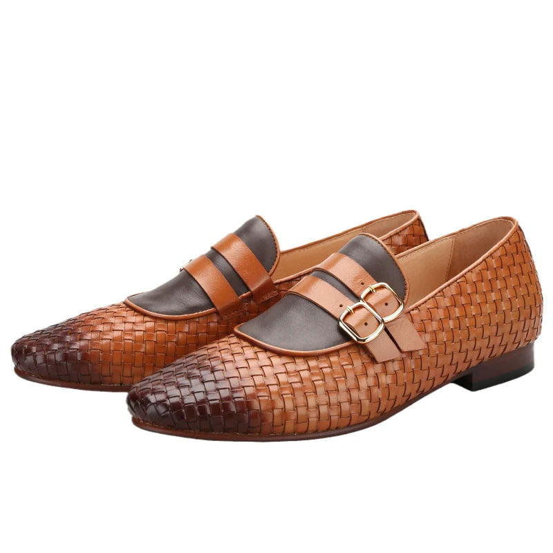Men's Hand-Rubbed Brown Woven Calfskin Monk Shoes with Cross-Tied Handmade Loafers Genuine Lining
