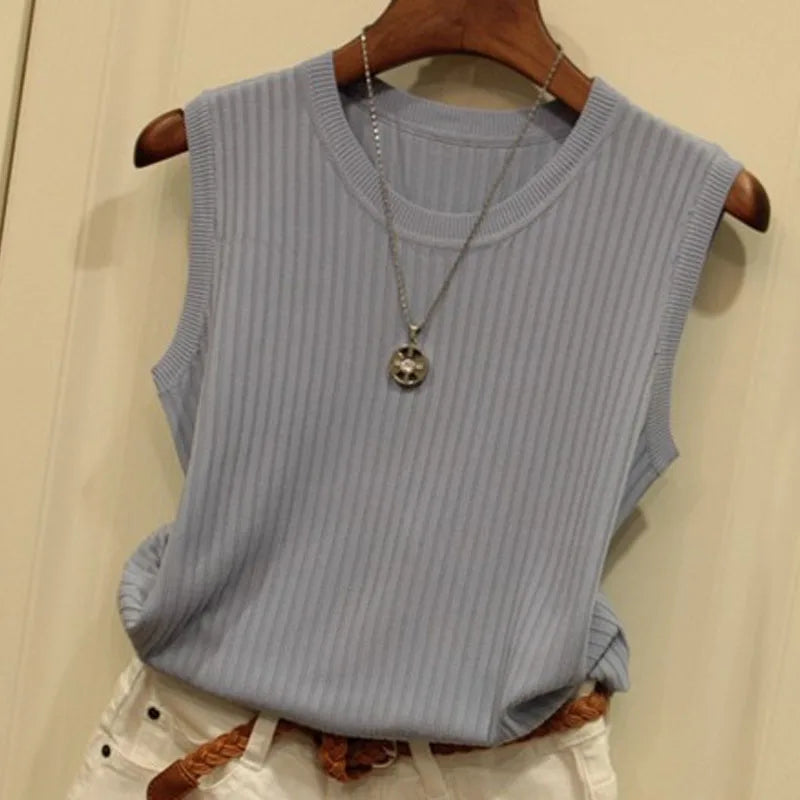 Summer New Fashion O-neck Sleeveless Casual Thin Tops