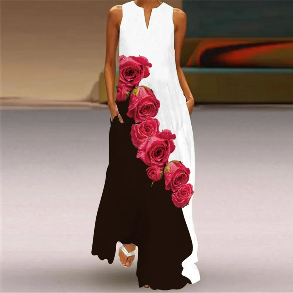 Women'S Dress Fashion Floral Print Dress Women'S Elegant Sleeveless Evening Gown Women'S Plus-Size V-Neck Vest Pocket Dress
