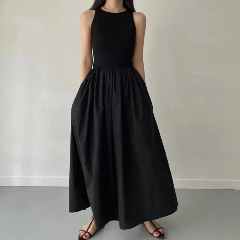 Simple Elegant Long Black Dresses For Woman Round Neck Sleeveless Low Waist