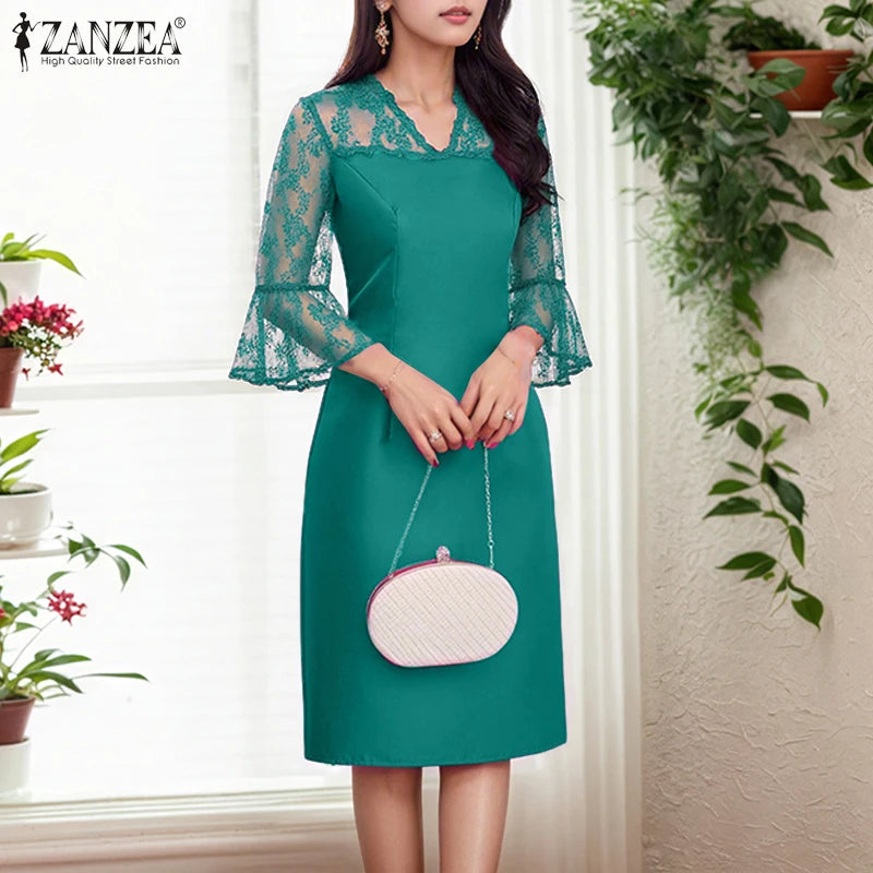 Women Summer Lace Patchwork Dresses ZANZEA Elegant Party Work Dress Fashion 3/4 Flared Sleeve V-Neck Satin Vestidos Robe Femme