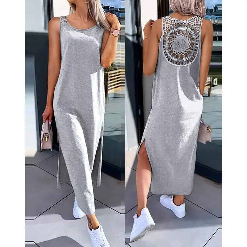 Women's Round Neck Mid-Length Slim Dress with Slits