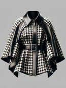 Houndstooth Pattern Women'S Jacket Asymmetrical Cape Sleeves Fashionable Harajuku Street Style Zipper Loose Jacket