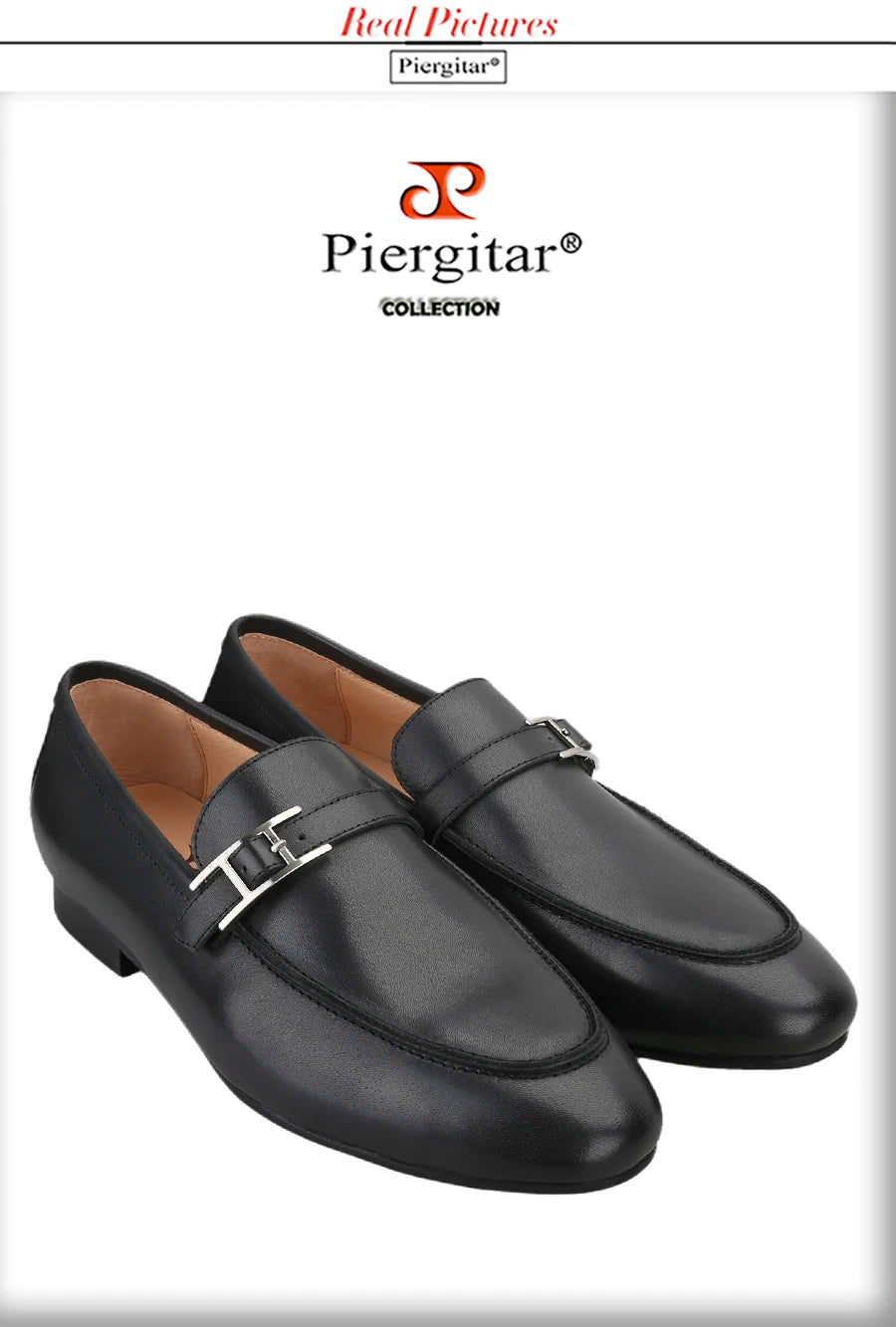 Piergitar Black Napa Calfskin Men Loafers Luxury Brand Same Style Customized Metal Buckles With Letter "H" Formal Leather Shoes