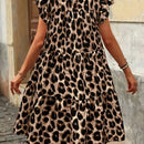 Women's Plus Size Leopard Print Dress - Elegant Ruffle Hem Crew Neck Flutter Sleeves Stretchy Polyester Blend, Perfect for Sp