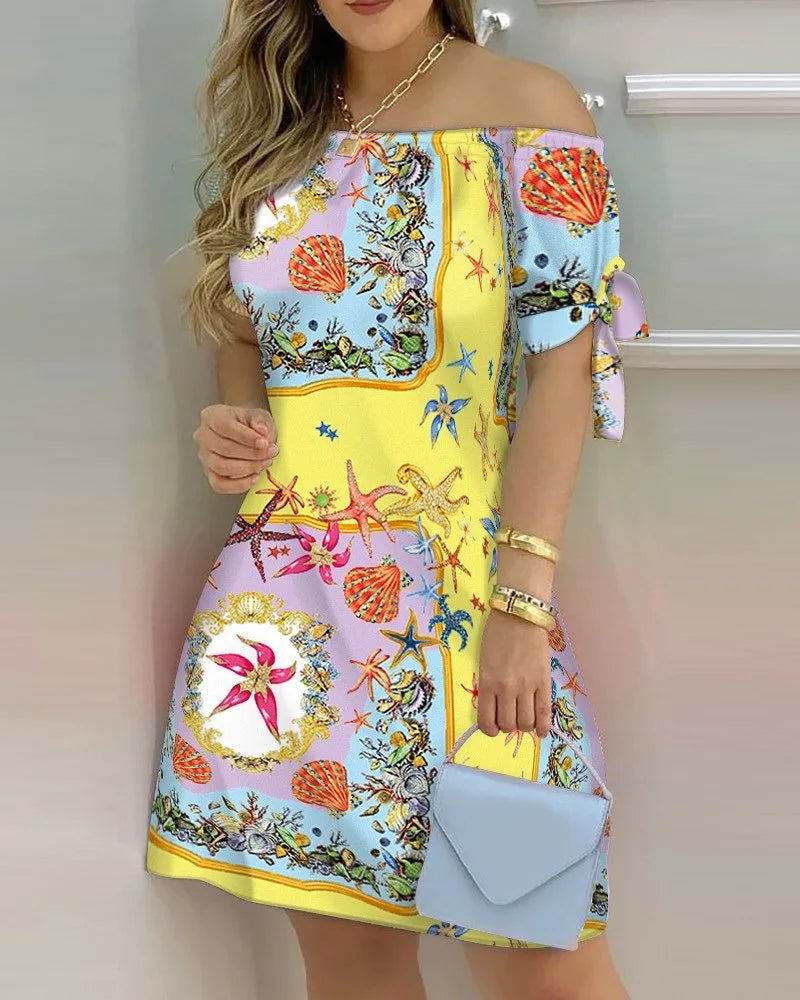 3XL Women's Casual Gradient Off Shoulder Short Sleeve Dress Bow Print Mini Dress