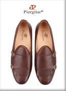 Piergitar 2023 Dark Brown Nappa Calfskin Double-Monk Belgian Loafers With Fringes And Metal Buckles Slip-On Men Smoking Slippers