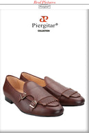 Piergitar 2023 Dark Brown Nappa Calfskin Double-Monk Belgian Loafers With Fringes And Metal Buckles Slip-On Men Smoking Slippers