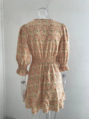 New Mid length Dress Waist Pullover Bohemian Printed Short Sleeve Fragmented Flower Dress