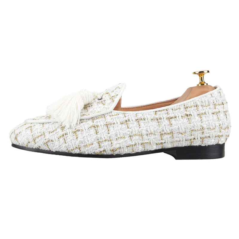 Piergitar 2025 White And Black Colors Tweed Men's Loafers With Handmade Tassels British Classic Style Slip-On Smoking Slippers