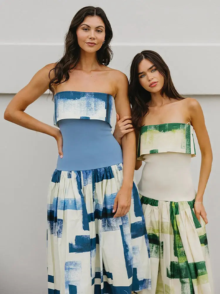 Women's Strapless Open Back Patchwork Long Dress
