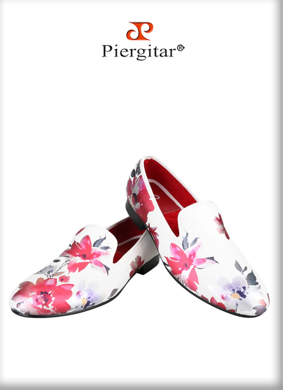 Piergitar White Color Fabric Of China Oil Painting Style Men's Loafers For Fashion Party And Wedding Handmade Slip-On Flats