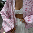 Floral Printed Women's Cardigan Cute Lace up Pink Women Coat Casual Loose Autumn Warm Coats Fashion New Ladies Coats Outerwear