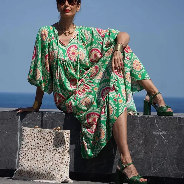 Women Dress Summer Puff SleeveBoho V Neck Printing Long Dress LooseHoliday Beach Female Casual FloralDresses Party Vestidos
