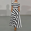 Stripe Maxi Dress VONDA Women Sexy Off Shoulder Printed Sundress 2024 Elegant Casual Loose Short Sleeve Robe Bohemian Vestidos