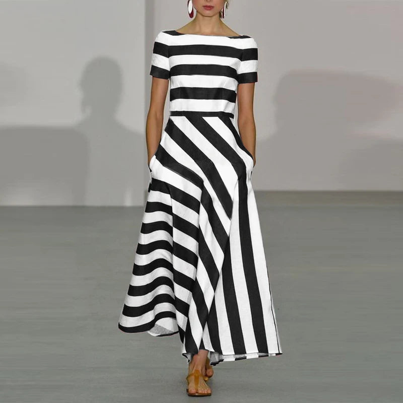 Stripe Maxi Dress VONDA Women Sexy Off Shoulder Printed Sundress 2024 Elegant Casual Loose Short Sleeve Robe Bohemian Vestidos