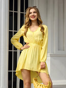 Women's V-Neck Long Sleeve Dress Casual High Waist Cute Loose A-Line Mini Swing Dress Flowy Comfortable Fit