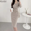 ZANZEA Summer Fashion Womens Dress Sexy Solid Color Knee Length Bodycon Sundress Elegant 3/4 Sleeve V-Neck Work OL Vestidos 2025