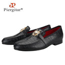 Piergitar Black Cow Leather Men Smoking Slippers Fashion Metal Buckle Handmade Slip-On Loafers For Wedding And Party Plus Size