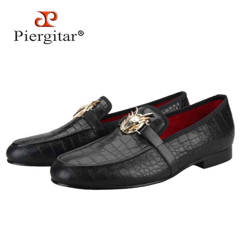 Piergitar Black Cow Leather Men Smoking Slippers Fashion Metal Buckle Handmade Slip-On Loafers For Wedding And Party Plus Size