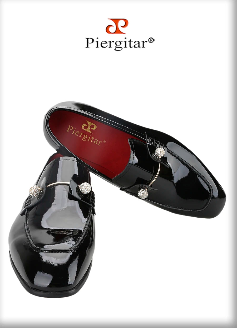 Piergitar Black Patent Calf Leather Men's Loafers With Silver Balls Crystals Buckles Handmade Moccasins For Wedding Or Prom Wear
