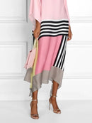 Retro Striped Print Patchwork Irregular Dress Women Spring Batwing Sleeve Loose Long Dress Summer Sexy Crew Neck Boho Maxi Dress