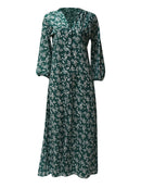 Women's Summer Bohemian Floral Print Long Maxi Dress Retro 3/4 Sleeve V-Neck Button Down High Waist Sundress Streetwear