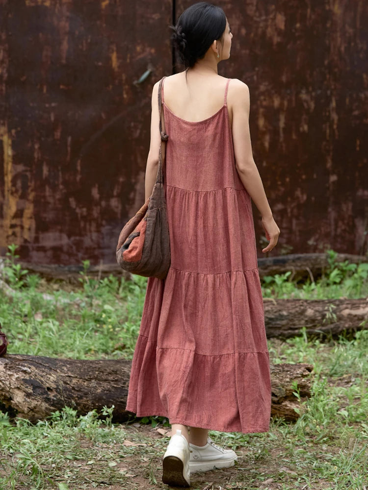 Cotton Linen Long Spaghetti Strap Dress