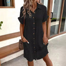 Women's Fashion Summer Minimalist V-neck Button Up Dress Woman Cotton Linen White Short Sleeved Pocket Casual Loose Shirt Dress