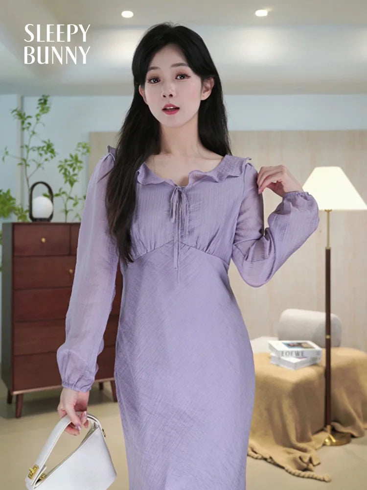 Elegant Purple Long Sleeve Dress for Women Summer Slim Fit Mermaid Maxi Dress High Waist Bodycon Formal Outfit for Petite Ladies