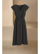 2024 Spring Summer Women's V-Neck Midi Dress Soft Stretch Office Casual Chic Solid Color No Belt Included