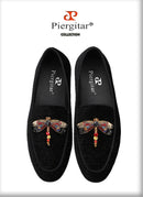 Piergitar 2022 Handmade Rhinestone Sequin Dragonfly Embroidered Patch Men's Loafers British Style Retro Moccasins Slip-On Shoes